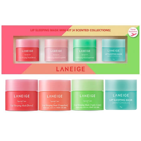 Laneige Lip Sleeping Mask Mini Kit (4 Scented collections) 8 g. x 4  ลิปบาล์ม 4 กลิ่น มาสก์ริมฝีปาก Over Night Mask For Lip  อุดมด้วย Vitamin C เข้มข้นจาก Berry Mix Extract ช่วยลดความแห้งกร้าน ขจัดปากที่ลอก แตก เป็นขุ่ย   มาพร้อม 4 กลิ่นหอมให้คุณผ่อนคลายสัมผัสที่เนียน นุ่ม ชุ่มชื่น สุขภาพดี ตื่นมารับรืมฝีปากสุขภาพดี อวบอิ่ม กว่าที่เคยเจอ